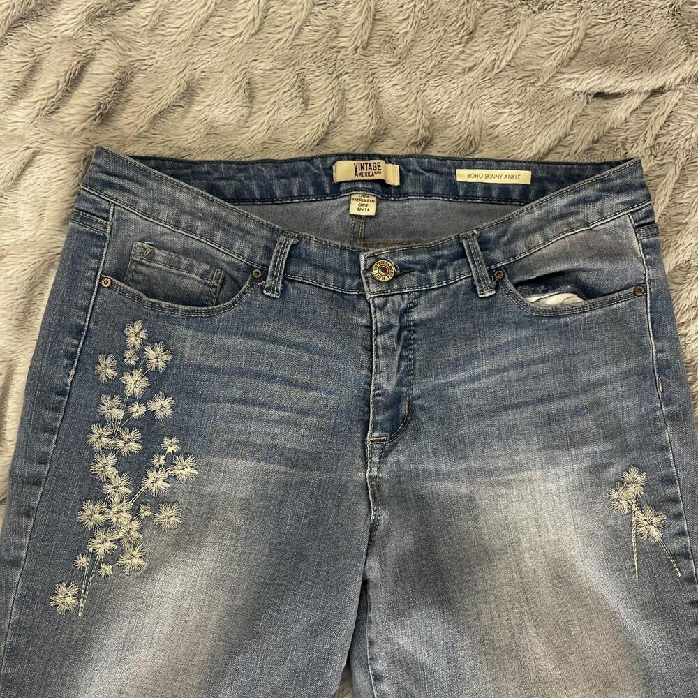 Vintage America Blues Jeans Women 12/31 Boho Skinny Ankle Embroidered Denim - Picture 3 of 12